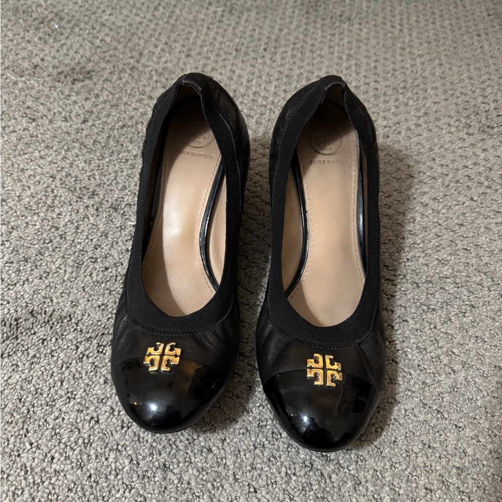 Tory Burch Black Wedges with Gold Emblem